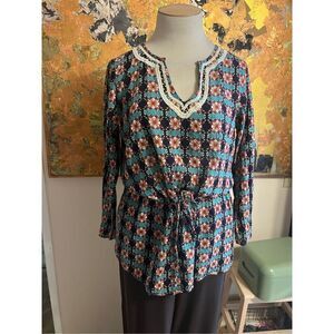 Persaman New York Gorgeous Beaded Drawstring Waist Cotton Boho Tunic M